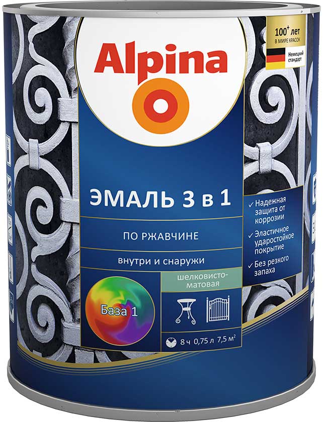 Эмаль Alpina По ржавчине 3 в 1 RAL7040 (2, 5 л, шелковисто-матовая серый)  - купить
